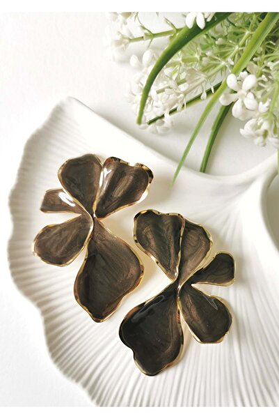 Halley Concept Milk Coffee Enamel Coated Flower Shaped Steel Earrings 4.5 X 7 cm
