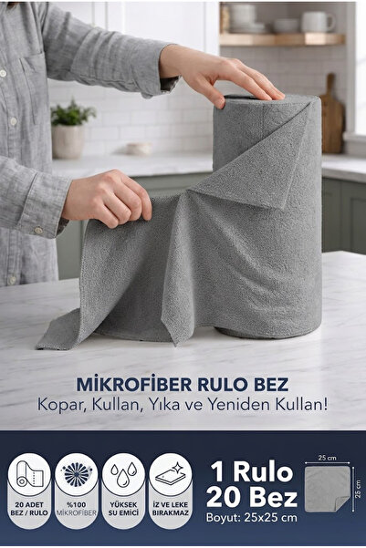SİHİRLİ MOP Yıkanabilir Rulo Mikrofiber Bez (25x25 cm) 20'li Pratik Koparılab...