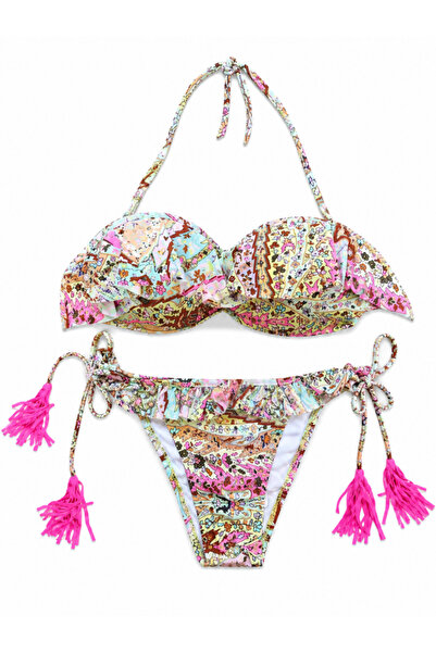 Nobrand Boho Pink Tassel 2-piece Swimsuit – Premium Bikini with Ruffled and T...