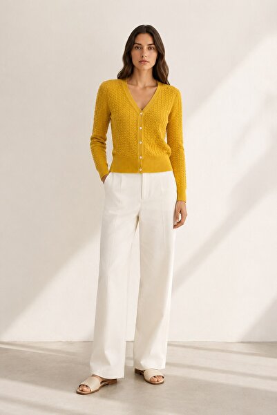 Ferraro Mustard V-Neck 100% Organic Cotton Buttoned Knitwear Cardigan