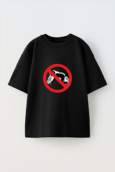 Anetos Tricou oversize negru din bumbac cu imprimeu frontal Kusma Yasak Design