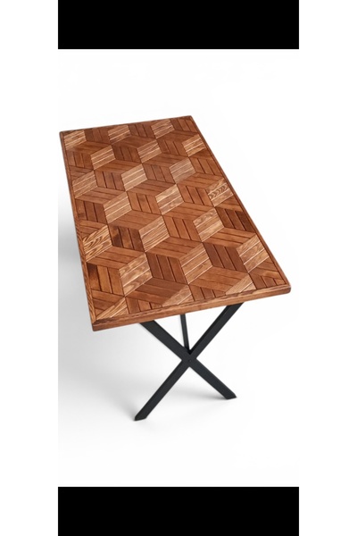 MİRRORSS Geometrik Desenli Masa 120 X 70 cm 3D görünüm ahşap ceviz renk bahçe balkon mutfak masası