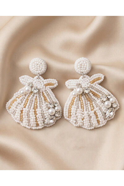 HOSBUTIK White Beaded Handmade Earrings 5 cm Long