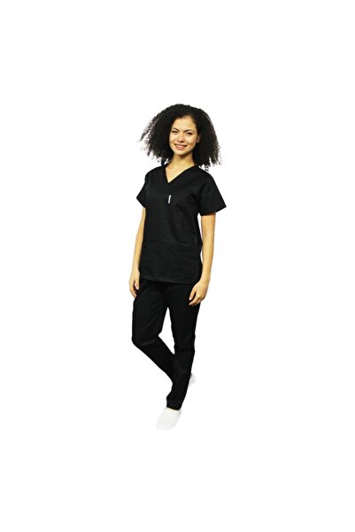 RUNI Black medical suit with V-neck blouse and black Stretchy pants