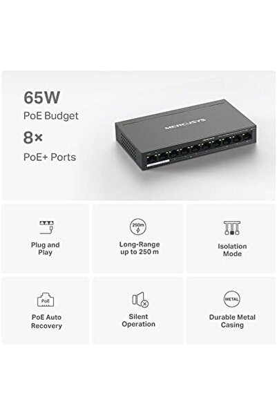 Yıldızan Tamgün Ms110P, 10-Port 10/100Mbps Desktop Switch with 8-Port Poe+ Ta...