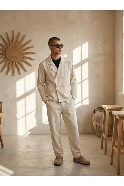 MATTİMODA Erkek Keten Ceket Baggy Pantolon Bej Alt Üst Takım