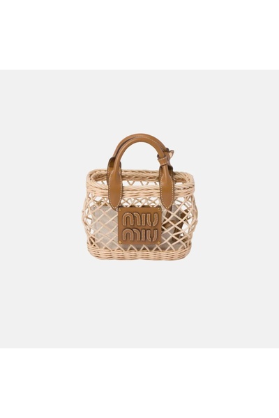 Miu Miu Women's Metallic Logo Fabric Application Woven Basket Micro Tote Bag ...