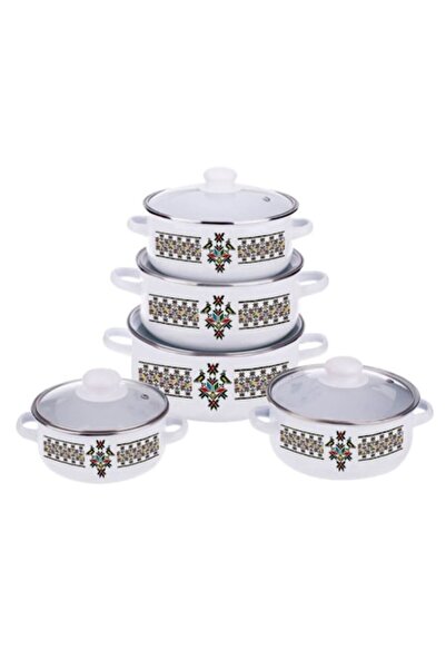 Oti Set of 5 Enamel Pots with Lids