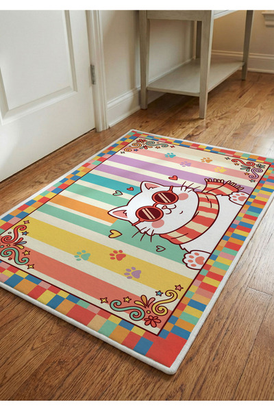 Artvibe Renkli Kedi Desenli Çocuk Odası Halısı Kaymaz Taban Sevimli Kedi Figü...