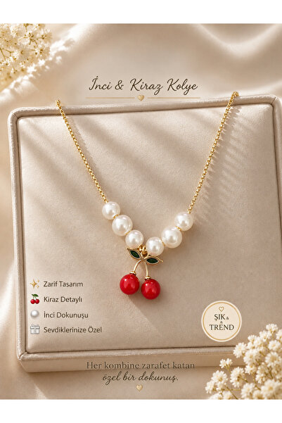 Blondcoo Trend Women's Cherry Detailed Pearl Necklace with Gold Chain and Sty...
