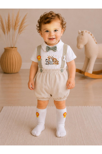 Feriatolye Safari Concept Sand 1 Year Old Salopet Shirt Socks Bow Tie Set
