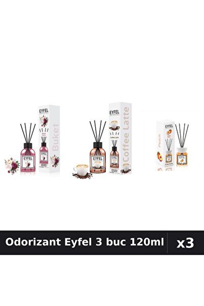 Eyfel Set 3 Odorizante Camera cu Betisoare - Bouquet, Cafea, Piersica 120ml