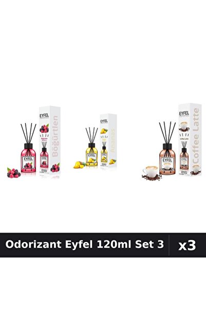 Eyfel Set 3 Odorizante Camera 120ml cu Betisoare - Ananas, Cafea, Fructe Padure
