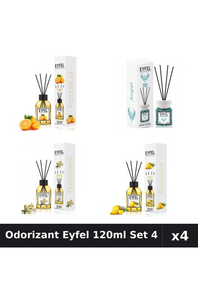 Eyfel Set 4 Odorizante Camera cu Betisoare 120ml - Portocala, Angel, Ananas, ...