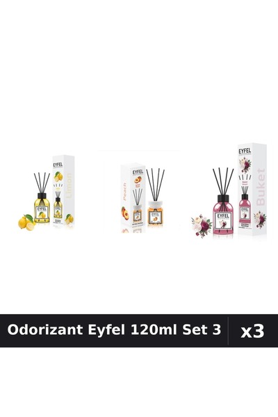 Eyfel Set 3 Odorizante Camera cu Betisoare - Lamaie, Piersica, Bouquet 120ml
