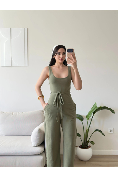 Zoom Butik Kuşaklı Ön Arka Kare Tulum - YEŞİL