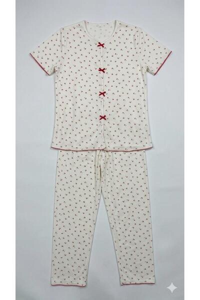 LXL Summer Ecru Cherry Patterned Short Sleeve Combed Cotton 100% Cotton Pajam...