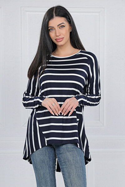 ROHBOUTIQUE Striped top with a rounded hem in Navy Blue , BR2859