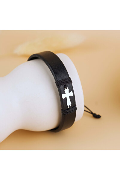 BLACK SWAN Bijoux Bratara piele naturala barbati si cruciulita din Argint 925...