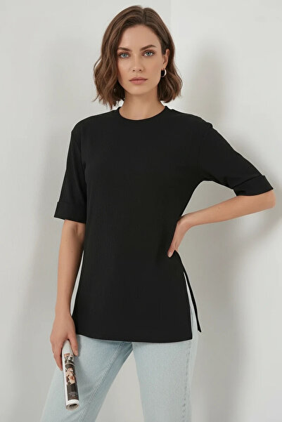 ALFA AKSESUAR 03 Women's Round Neck Black T-Shirt with Side Slits