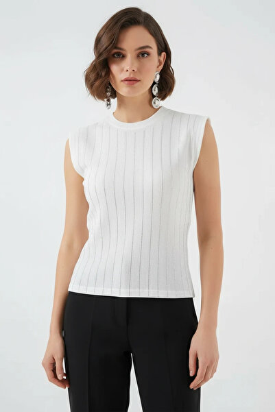 buğrahayalin Women's Round Neck Zero Sleeve Stone Detailed Vertical Striped W...