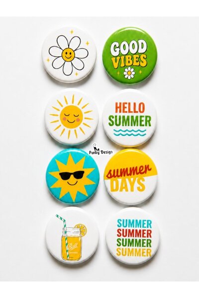 Punky Store 8'li Set-14 Yaz Temalı Rozet Seti Summer Good Vibes Güneş Çiçek P...