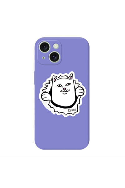 Other Apple iPhone 15 Plus White cat Purple Colored Silicone TPU Θήκη