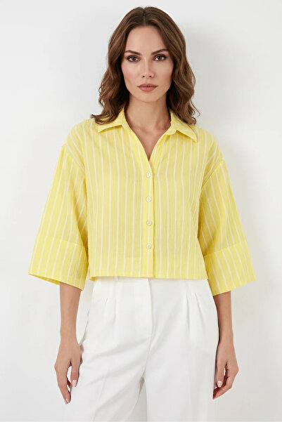 Generic Brand Women's Oversize Striped Viscose Yellow Shirt