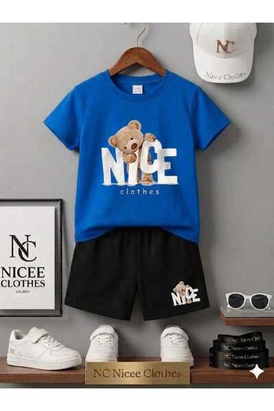 NC Nicee Clothes Summer Children's T-Shirt Shorts Unisex (White Nicee Bear Pr...