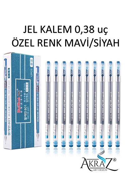 Akraz Art Design Jel Kalem Mavi/Siyah 0.38 mm 12 Adet (Jel mürekkep, iğne uç)
