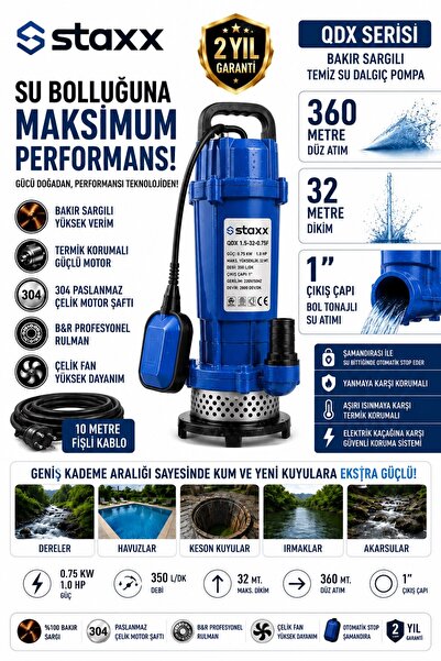 STAXX POWER QDX Serisi 1 HP Bakır Sargılı Şamandıralı Temiz Su Dalgıç Pompa 3...