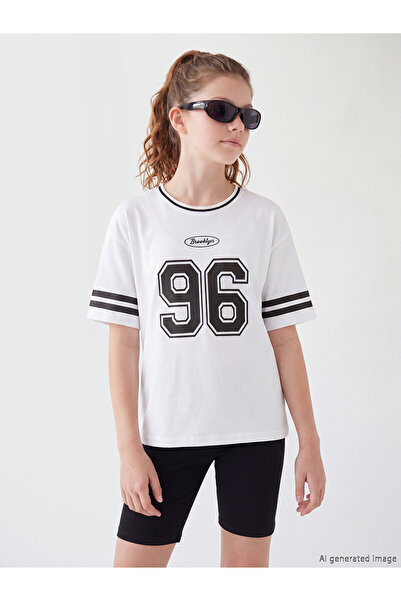 LC Waikiki Trendlucky Girls' Printed T-Shirt with Oval Collar and Contrast