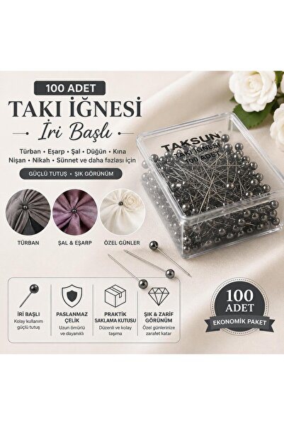 DİĞER1111 100 Adet İri Başlı Takı İğnesi Türban Eşarp Şal Düğün Kına Nişan Ni...
