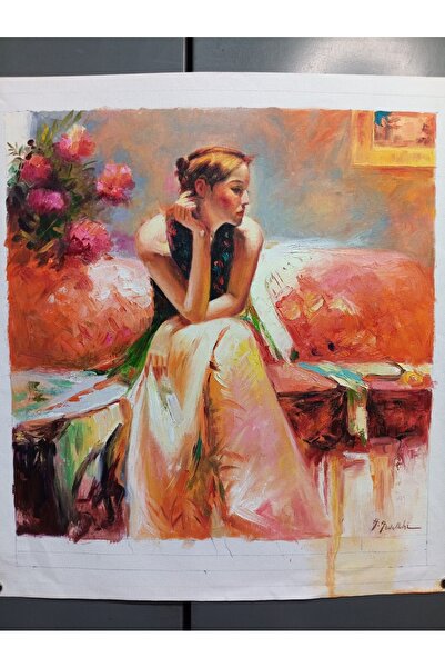 Dalgın Bakış Orijinal El Yapımı Gerçek Yağlıboya Kadın Tablo 40x40 cm