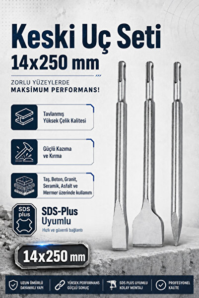Zephoo SDS Plus Keski Uç Seti 3'lü 14x250 mm Kırıcı Delici Matkap Uyumlu Yass...