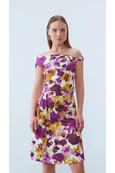 ANNA FİELD Anna Field Women's Jersey Dress, Lilac-Yellow Floral Print , Off-t...