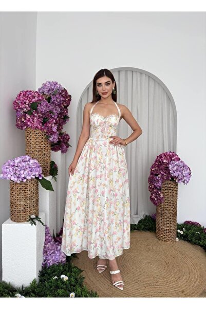 Caddebostan Moda Floral Patterned Strappy Corset Detailed Midi Dress