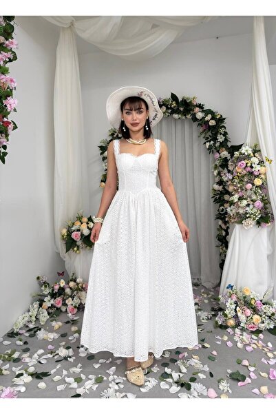 Caddebostan Moda Strappy Scallop Embroidered Corsage Detailed Summer Midi Dress