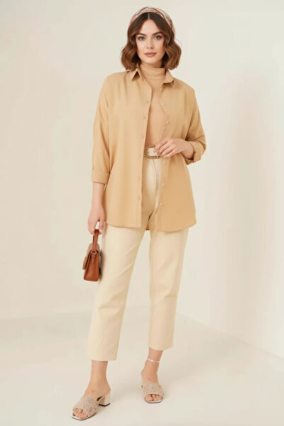 Generic Brand Women's Oversize Cut Basic Cotton Beige Hijab Shirt