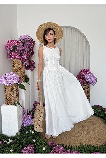 Caddebostan Moda Korse Görünümlü Bağcık Detaylı Kolsuz Yazlık Elbise