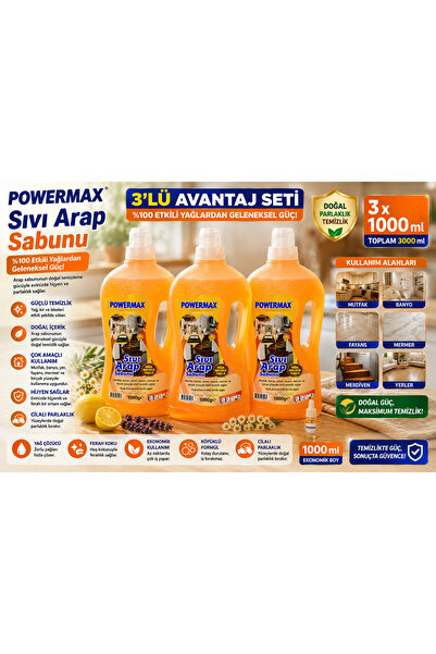 powermax Arap Sabunu 1000 Ml x 3 Adet Doğal İçerikli Çok Amaçlı Genel Temizli...