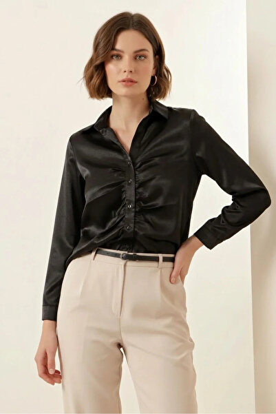 buğrahayalin Women's Gathered Satin Black Shirt