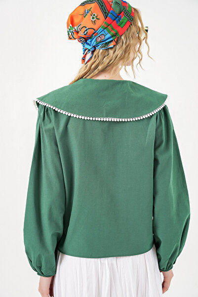 Generic Brand Women's Baby Collar Scallop Detailed Cotton Emerald Green Shirt