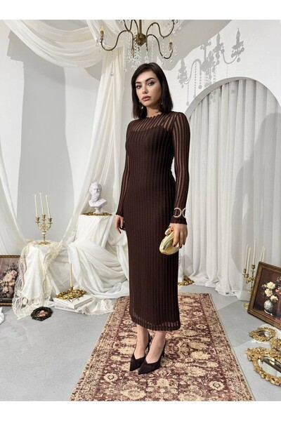 Caddebostan Moda Women's Long Sleeve Sheer Detailed Ribbed Midi Dress Stylish...