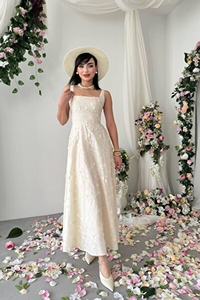 Caddebostan Moda Square Neck Floral Embroidered Midi Strap Dress