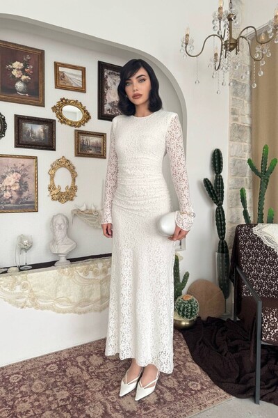 Caddebostan Moda Lace Detailed Long Sleeve Midi Dress Stylish Evening Dress