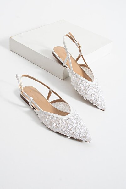 diclepolat Women's White Sequined Ballerinas – Pointed Toe Open Back Evening ...