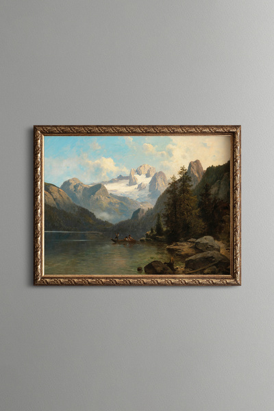 epiqart Snowy Mountain and Lake View - Vintage Patterned Frame - Slim Model