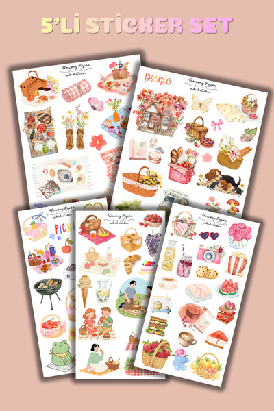 Flowery Paper 5'li Piknik temalı Sticker sayfası , Defter,ajanda ,journal,scr...