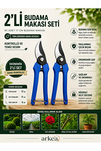 BioPeat 2'li Budama Makası Seti 17 cm | Bahçe, Gül, Dal, Ağaç ve Sera Kullanı...